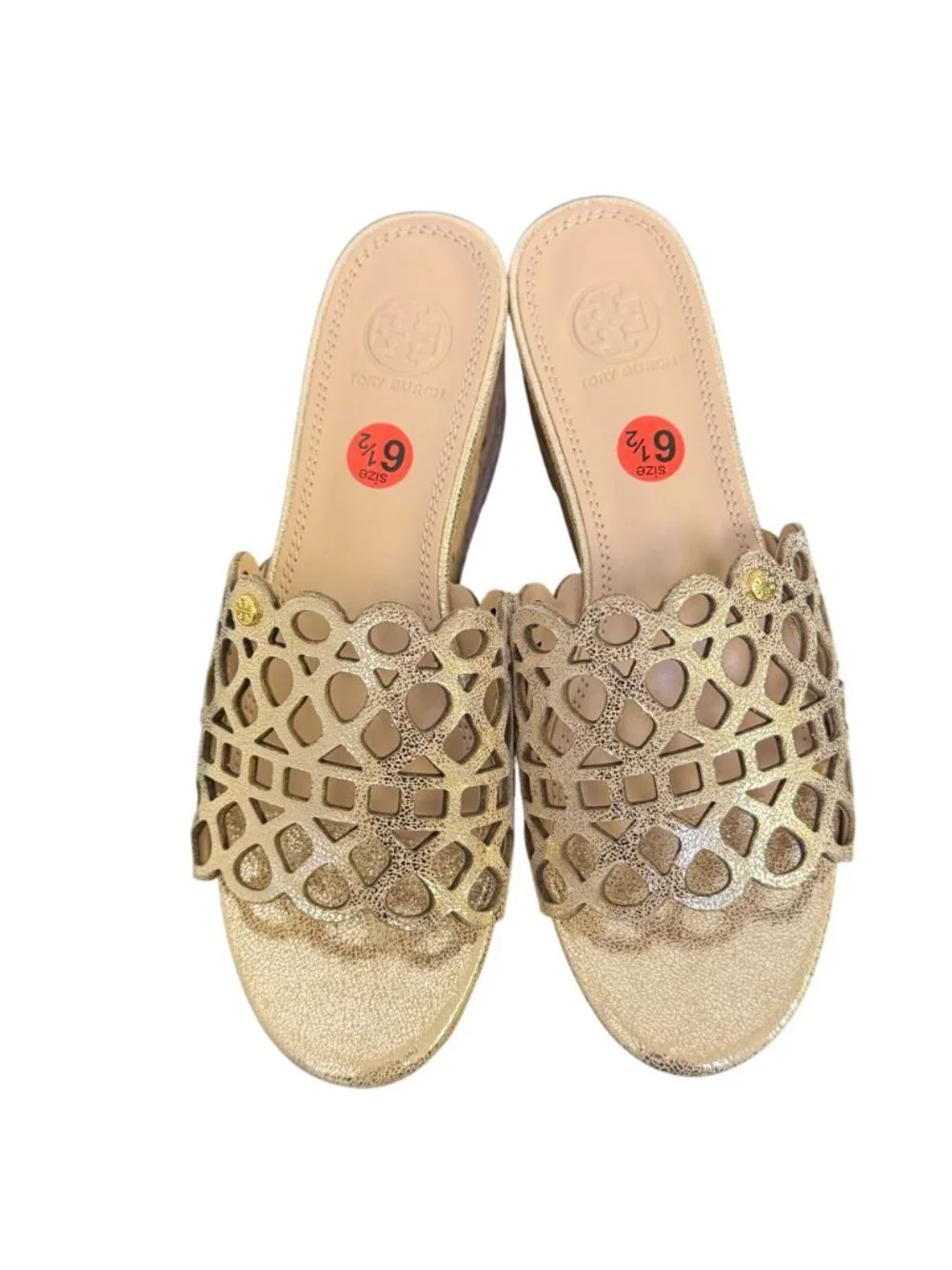 Tory Burch Gold Laser Cut Cork Wedge Sandals Size 6.5
